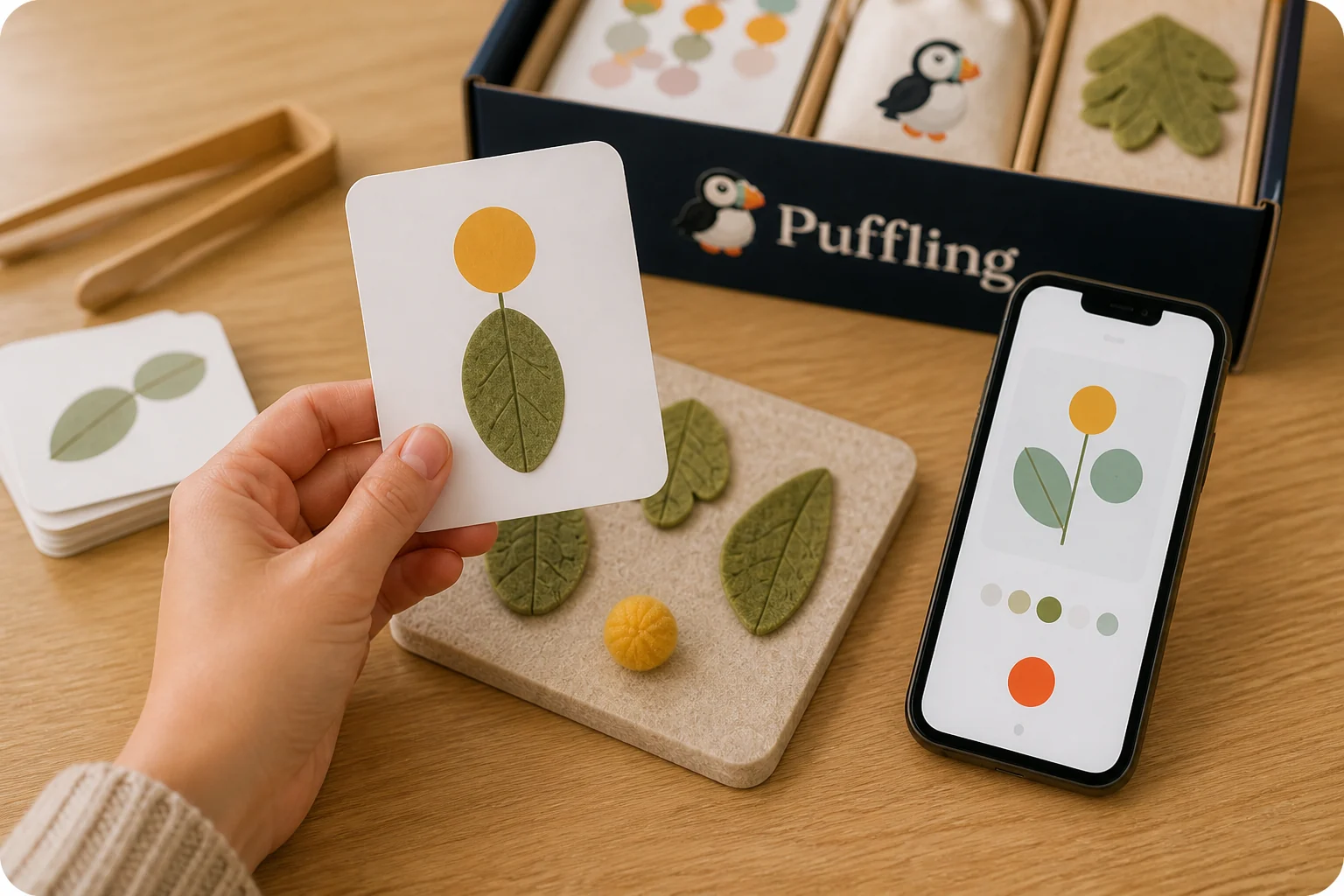 Early concept of story-inspired materials beside the Puffling companion app